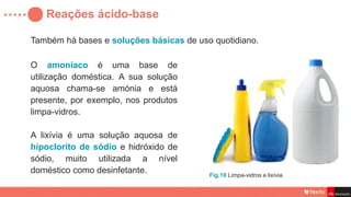 Também há bases e soluções básicas de uso quotidiano.
Reações ácido-base
O amoníaco é uma base de
utilização doméstica. A sua solução
aquosa chama-se amónia e está
presente, por exemplo, nos produtos
limpa-vidros.
A lixívia é uma solução aquosa de
hipoclorito de sódio e hidróxido de
sódio, muito utilizada a nível
doméstico como desinfetante. Fig.10 Limpa-vidros e lixívia.
 