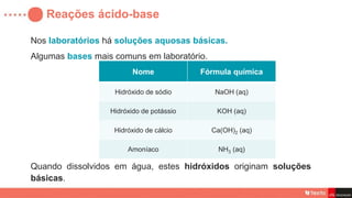 Reações ácido-base
Nos laboratórios há soluções aquosas básicas.
Quando dissolvidos em água, estes hidróxidos originam soluções
básicas.
Algumas bases mais comuns em laboratório.
Nome Fórmula química
Hidróxido de sódio NaOH (aq)
Hidróxido de potássio KOH (aq)
Hidróxido de cálcio Ca(OH)2 (aq)
Amoníaco NH3 (aq)
 