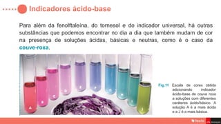 Indicadores ácido-base
Para além da fenolftaleína, do tornesol e do indicador universal, há outras
substâncias que podemos encontrar no dia a dia que também mudam de cor
na presença de soluções ácidas, básicas e neutras, como é o caso da
couve-roxa.
Fig.11 Escala de cores obtida
adicionando indicador
ácido-base de couve roxa
a soluções com diferentes
caráteres ácido/básico. A
solução A é a mais ácida
e a J é a mais básica.
 