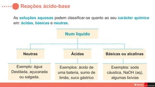 Reações ácido-base
As soluções aquosas podem classificar-se quanto ao seu carácter químico
em: ácidas, básicas e neutras.
Num líquido
Neutras
Exemplo: água
Destilada, açucarada
ou salgada.
Básicas ou alcalinas
Ácidas
Exemplos: ácido de
uma bateria, sumo de
limão, suco gástrico
Exemplos: soda
cáustica, NaOH (aq),
algumas lixívias
 