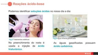 Reações ácido-base
Podemos identificar soluções ácidas no nosso dia a dia:
As águas gaseificadas possuem
ácido carbónico.
No preenchimento do rosto é
usada a injeção de ácido
hialurônico.
Fig.5 Tratamentos estéticos
Fig.6 Água mineral gaseificada
 