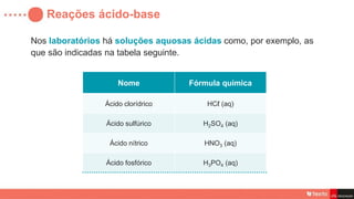 Reações ácido-base
Nos laboratórios há soluções aquosas ácidas como, por exemplo, as
que são indicadas na tabela seguinte.
Nome Fórmula química
Ácido clorídrico HCℓ (aq)
Ácido sulfúrico H2SO4 (aq)
Ácido nítrico HNO3 (aq)
Ácido fosfórico H3PO4 (aq)
 