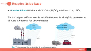 Reações ácido-base
As chuvas ácidas contêm ácido sulfúrico, H2SO4, e ácido nítrico, HNO3.
Na sua origem estão óxidos de enxofre e óxidos de nitrogénio presentes na
atmosfera, e resultantes de combustões.
Fig.7 Fontes antropogénicas de óxidos de enxofre e de nitrogénio.
 