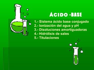 ÁCIDO -BASE
1.- Sistema ácido base conjugado
2.- Ionización del agua y pH
3.- Disoluciones amortiguadoras
4.- Hidrólisis de sales
5.- Titulaciones
 