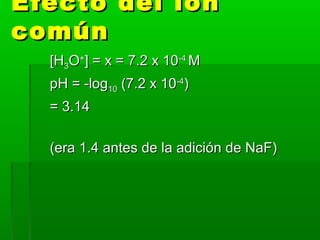 Efecto del iónEfecto del ión
comúncomún
[H[H33OO++
] = x = 7.2 x 10] = x = 7.2 x 10-4-4
MM
pH = -logpH = -log1010 (7.2 x 10(7.2 x 10-4-4
))
= 3.14= 3.14
(era 1.4 antes de la adición de NaF)(era 1.4 antes de la adición de NaF)
 