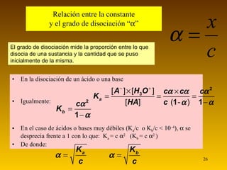 Relación entre la constante y el grado de disociación “  ” En la disociación de un ácido o una base Igualmente: En el caso de ácidos o bases muy débiles (K a /c  o K b /c < 10 –4 ),    se desprecia frente a 1 con lo que:  K a  = c   2  (K b  = c   2  ) De donde: El grado de disociación mide la proporción entre lo que disocia de una sustancia y la cantidad que se puso inicialmente de la misma. 