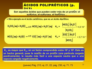 ÁCIDOS POLIPRÓTICOS (p. 213) (jueves) Pág. 213, ej. 21, 22; pág. 230, ej. 71, 73 Son aquellos ácidos que pueden ceder más de un protón: el sulfúrico, el sulfuroso, el fosfórico…    Otro ejemplo es el   ácido carbónico, que es un ácido diprótico K a1  = = 4,5 10 -7 K a2  = = 5,7 10 -11 K a1  es mayor que K a2 , en un factor comprendido entre 10 4  y 10 5 . Esto es un hecho general, pues la cesión de un protón (una partícula cargada positivamente), le resulta más fácil a una especie neutra que a una especie cargada negativamente. 