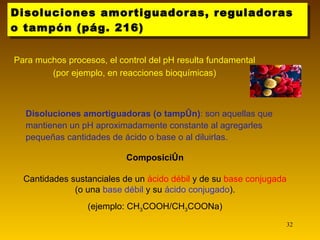 Disoluciones amortiguadoras, reguladoras o tampón (pág. 216) Disoluciones amortiguadoras (o tampón) : son aquellas que mantienen un pH aproximadamente constante al agregarles pequeñas cantidades de ácido o base o al diluirlas. Composición Cantidades sustanciales de un  ácido débil  y de su  base conjugada (o una  base débil  y su  ácido conjugado ). (ejemplo: CH 3 COOH/CH 3 COONa) Para muchos procesos, el control del pH resulta fundamental (por ejemplo, en reacciones bioquímicas) 