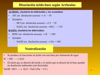 Disociación ácido-base según Arrhenius ÁCIDOS:  (incluiría los hidrácidos y los oxoácidos) AH   (en  disolución acuosa)    A –  + H + Ejemplos:  HCl  (en  disolución acuosa)    Cl –  + H + H 2 SO 4  (en  disolución acuosa)   SO 4 2–  + 2 H + BASES:  (incluiría los hidróxidos) BOH   (en  disolución acuosa)    B  +  + OH – Ejemplo:  NaOH  (en  disolución acuosa)    Na +  + OH – Neutralización Se produce al reaccionar un ácido con una base por formación de agua: H +  + OH –  —   H 2 O El anión que se disoció del ácido y el catión que se disoció de la base quedan en disolución inalterados (sal disociada): NaOH +HCl —    H 2 O + NaCl (Na +  + Cl – ) 