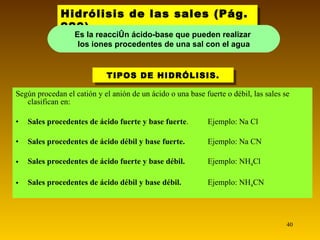 TIPOS DE HIDRÓLISIS. Según procedan el catión y el anión de un ácido o una base fuerte o débil, las sales se clasifican en: Sales procedentes de ácido fuerte y base fuerte .  Ejemplo: Na Cl Sales procedentes de ácido débil y base fuerte.  Ejemplo: Na CN Sales procedentes de ácido fuerte y base débil.  Ejemplo: NH 4 Cl Sales procedentes de ácido débil y base débil.  Ejemplo: NH 4 CN Hidrólisis de las sales (Pág. 220) Es la reacción ácido-base que pueden realizar  los iones procedentes de una sal con el agua 