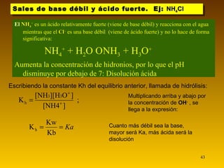 Sales de base débil y ácido fuerte.  Ej:  NH 4 Cl Multiplicando arriba y abajo por la concentración de  OH -   , se llega a la expresión: Cuanto más débil sea la base, mayor será Ka, más ácida será la disolución El  NH 4 +  es un ácido relativamente fuerte (viene de base débil) y reacciona con el agua mientras que el  Cl –  es una base débil  (viene de ácido fuerte) y no lo hace de forma significativa:  NH 4 +  + H 2 O    NH 3   + H 3 O + Aumenta la concentración de hidronios, por lo que el pH disminuye por debajo de 7: Disolución ácida Escribiendo la constante Kh del equilibrio anterior, llamada de hidrólisis: 