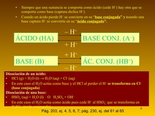 Siempre que una sustancia se comporta como ácido (cede H + ) hay otra que se comporta como base (captura dichos H + ). Cuando un ácido pierde H +  se convierte en su “ base conjugada ” y c uando una base captura H +  se convierte en su “ ácido conjugado ”. Disociación de un ácido: HCl (g) + H 2 O (l)    H 3 O + (aq) + Cl –  (aq) En este caso el H 2 O actúa como base y el HCl al perder el H +   se transforma en Cl –  (base conjugada) Disociación de una base: HSO 4  - (aq) + H 2 O (l)     H 2 SO 4  + OH – En este caso el H 2 O actúa como ácido pues cede H +  al HSO 4 -  que se transforma en H 2 SO 4  (ácido conjugado) Pág. 203, ej. 4, 5, 6, 7; pág. 230, ej. del 61 al 65 ÁCIDO (HA) BASE CONJ. (A – ) –  H + + H + BASE (B) ÁC. CONJ. (HB + ) + H + –  H + 