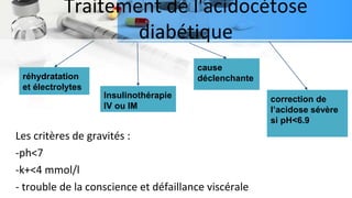 Traitement de l'acidocétose
diabétique
Les critères de gravités :
-ph<7
-k+<4 mmol/l
- trouble de la conscience et défaillance viscérale
réhydratation
et électrolytes
Insulinothérapie
IV ou IM
cause
déclenchante
correction de
l’acidose sévère
si pH<6.9
 