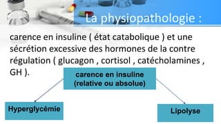 La physiopathologie :
carence en insuline ( état catabolique ) et une
sécrétion excessive des hormones de la contre
régulation ( glucagon , cortisol , catécholamines ,
GH ). carence en insuline
(relative ou absolue)
Hyperglycémie Lipolyse
 