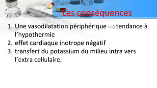 Les conséquences
1. Une vasodilatation périphérique tendance à
l’hypothermie
2. effet cardiaque inotrope négatif
3. transfert du potassium du milieu intra vers
l’extra cellulaire.
 