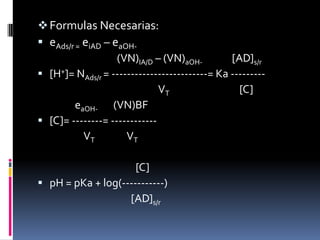  Formulas Necesarias:
 eAds/r = eiAD – eaOH(VN)IA/D – (VN)aOH[AD]s/r
 [H+]= NAds/r = -------------------------= Ka --------VT
[C]
eaOH- (VN)BF
 [C]= --------= -----------VT
VT
[C]
 pH = pKa + log(-----------)
[AD]s/r

 