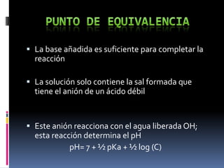 La base añadida es suficiente para completar la
reacción
 La solución solo contiene la sal formada que
tiene el anión de un ácido débil

 Este anión reacciona con el agua liberada OH;
esta reacción determina el pH
pH= 7 + ½ pKa + ½ log (C)

 