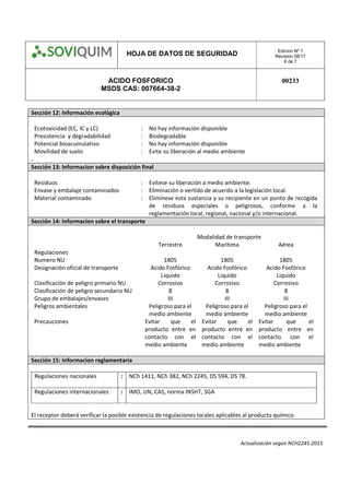 HOJA DE DATOS DE SEGURIDAD Edicion Nº 1
Revision 08/17
6 de 7
ACIDO FOSFORICO
MSDS CAS: 007664-38-2
00233
Actualización según NCH2245:2015
Sección 12: Información ecológica
Ecotoxicidad (EC, IC y LC) : No hay información disponible
Presistencia y degradabilidad : Biodegradable
Potencial bioacumulativo : No hay información disponible
Movilidad de suelo : Evite su liberación al medio ambiente
.
Sección 13: Informacion sobre disposición final
Residuos : Evítese su liberación a medio ambiente.
Envase y embalaje contaminados : Eliminación o vertido de acuerdo a la legislación local.
Material contaminado : Elimínese esta sustancia y su recipiente en un punto de recogida
de residuos especiales o peligrosos, conforme a la
reglamentación local, regional, nacional y/o internacional.
Sección 14: Informacion sobre el transporte
Modalidad de transporte
Terrestre Marítima Aérea
Regulaciones
Numero NU 1805 1805 1805
Designación oficial de transporte Acido Fosfórico
Liquido
Acido Fosfórico
Liquido
Acido Fosfórico
Liquido
Clasificación de peligro primario NU Corrosivo Corrosivo Corrosivo
Clasificación de peligro secundario NU 8 8 8
Grupo de embalajes/envases III III III
Peligros ambientales Peligroso para el
medio ambiente
Peligroso para el
medio ambiente
Peligroso para el
medio ambiente
Precauciones Evitar que el
producto entre en
contacto con el
medio ambiente
Evitar que el
producto entre en
contacto con el
medio ambiente
Evitar que el
producto entre en
contacto con el
medio ambiente
Sección 15: Informacion reglamentaria
Regulaciones nacionales : NCh 1411, NCh 382, NCh 2245, DS 594, DS 78.
Regulaciones internacionales : IMO, UN, CAS, norma INSHT, SGA
El receptor deberá verificar la posible existencia de regulaciones locales aplicables al producto químico.
 