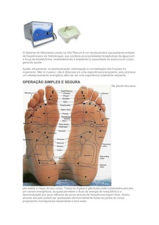 O Sistema de Hidrodetox usado na Vita Plenum é um revolucionário equipamento emissor
de freqüências e de hidroterapia, que combina as propriedades terapêuticas da água com
a força da bioeletrônica, restabelecendo e ampliando a capacidade de autocura do corpo,
gerando saúde.
Auxilia eficazmente na desintoxicação, estimulação e normalização das funções do
organismo. Não é invasivo, não é doloroso e é uma experiência energizante, pois promove
um rebalanceamento energético além de ser uma experiência totalmente relaxante.
OPERAÇÃO SIMPLES E SEGURA
Na planta dos seus
pés existe o mapa do seu corpo. Todos os órgãos e glândulas estão conectados aos pés
por canais energéticos, os quais permitem o fluxo da energia de reequilíbrio e a
desintoxicação por seus milhares de poros através de frequências específicas. Assim,
através dos pés podem ser acessadas vibracionalmente todas as partes do corpo,
propiciando incomparável relaxamento e bem estar.
 