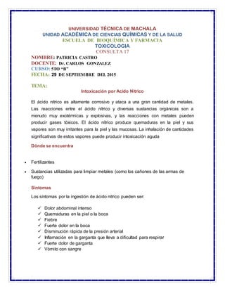 UNIVERSIDAD TÉCNICA DE MACHALA
UNIDAD ACADÉMICA DE CIENCIAS QUÍMICAS Y DE LA SALUD
ESCUELA DE BIOQUÍMICA Y FARMACIA
TOXICO...