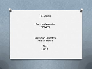 Resultados
Dayanna Mahecha
Arroyave
Institución Educativa
Antonio Nariño
10-1
2013
 