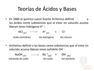 Teorías de Ácidos y Bases
• En 1884 el químico sueco Svante Arrhenius definió a
los ácidos como substancias que al estar en solución acuosa
liberan iones hidrógeno H+ :
HCl (ac) H+
(ac) + Cl -
ácido clorhídrico ión hidrógeno ión cloruro
• Arrhenius definió a las bases como substancias que al estar en
solución acuosa liberan iones oxhidrilo OH - .
NaOH (ac) Na +
(ac) + OH-
(ac)
hidróxido de sodio ión sodio ión oxhidrilo
 