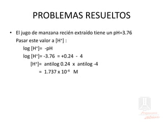 PROBLEMAS RESUELTOS
• El jugo de manzana recién extraído tiene un pH=3.76
Pasar este valor a [H+] :
log [H+]= -pH
log [H+]= -3.76 = +0.24 - 4
[H+]= antilog 0.24 x antilog -4
= 1.737 x 10-4 M
 