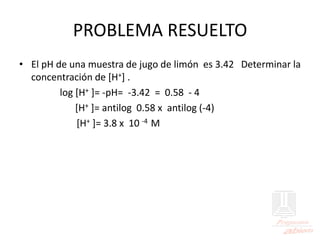 PROBLEMA RESUELTO
• El pH de una muestra de jugo de limón es 3.42 Determinar la
concentración de [H+] .
log [H+ ]= -pH= -3.42 = 0.58 - 4
[H+ ]= antilog 0.58 x antilog (-4)
[H+ ]= 3.8 x 10 -4 M
 
