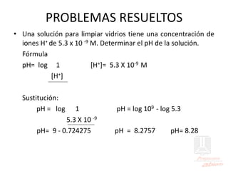 PROBLEMAS RESUELTOS
• Una solución para limpiar vidrios tiene una concentración de
iones H+ de 5.3 x 10 -9 M. Determinar el pH de la solución.
Fórmula
pH= log 1 [H+]= 5.3 X 10-9 M
[H+]
Sustitución:
pH = log 1 pH = log 109 - log 5.3
5.3 X 10 -9
pH= 9 - 0.724275 pH = 8.2757 pH= 8.28
 