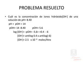 PROBLEMA RESUELTO
• Cuál es la concentración de iones hidróxido[OH-] de una
solución de pH= 8.40
pH + pOH = 14
pOH= 14 -8.40 pOH= 5.6
log [OH-]= -pOH= -5.6= +0.4 - 6
[OH-]= antilog 0.4 x antilog(-6)
[OH-]= 2.5 x 10 -6 moles/litro
 