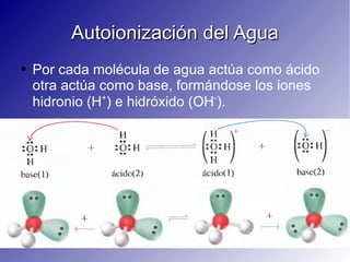 Autoionización del Agua Por cada molécula de agua actúa como ácido otra actúa como base, formándose los iones hidronio (H + ) e hidróxido (OH - ). 
