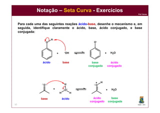 DQOI - UFC
Prof. Nunes
Notação – Seta Curva - Exercícios
10
Para cada uma das seguintes reações ácido-base, desenhe o mecanismo e, em
seguida, identifique claramente o ácido, base, ácido conjugado, e base
conjugada:
ácido base ácido
conjugado
base
conjugada
ácidobase ácido
conjugado
base
conjugada
 