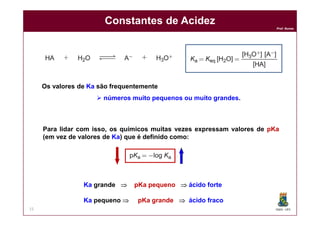 DQOI - UFC
Prof. Nunes
Constantes de Acidez
15
Os valores de Ka são frequentemente
 números muito pequenos ou muito grandes.
Ka grande  pKa pequeno  ácido forte
Ka pequeno  pKa grande  ácido fraco
Para lidar com isso, os químicos muitas vezes expressam valores de pKa
(em vez de valores de Ka) que é definido como:
 