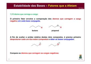 DQOI - UFC
Prof. Nunes
Estabilidade das Bases – Fatores que a Afetam
29
1) O átomo que carrega a carga:
O primeiro fator envolve a comparação dos átomos que carregam a carga
negativa em cada base conjugada.
A fim de avaliar a acidez relativa destes dois compostos, é preciso primeiro
desprotonar cada um dos estes compostos e obter as bases conjugadas:
Compare os átomos que carregam as cargas negativas:
butano propanol
C O
 