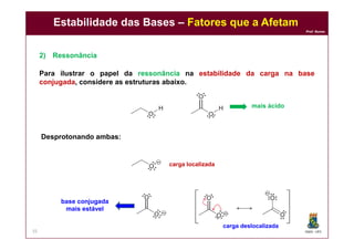 DQOI - UFC
Prof. Nunes
Estabilidade das Bases – Fatores que a Afetam
35
2) Ressonância
Para ilustrar o papel da ressonância na estabilidade da carga na base
conjugada, considere as estruturas abaixo.
carga localizada
carga deslocalizada
base conjugada
mais estável
mais ácido
Desprotonando ambas:
 