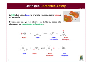 DQOI - UFC
Prof. Nunes
Definição - Bronsted-Lowry
5
A H2O atua como base na primeira reação e como ácido e
na segunda.
Substâncias que podem atuar como ácido ou bases são
chamadas de substâncias anfipróticas.
ácido base ácido
conjugado
base
conjugada
ácidobase ácido
conjugado
base
conjugada
 