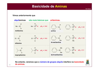 DQOI - UFC
Prof. Nunes
Basicidade de Aminas
63
Vimos anteriormente que
alquilaminas são mais básicas que arilaminas.
metilamina
etilamina
isopropilamina
No entanto, veremos que o número de grupos alquila interfere na basicidade
da aminas.
 