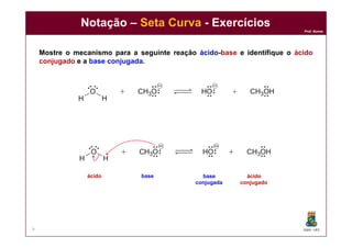DQOI - UFC
Prof. Nunes
9
Mostre o mecanismo para a seguinte reação ácido-base e identifique o ácido
conjugado e a base conjugada.
ácido base ácido
conjugado
base
conjugada
Notação – Seta Curva - Exercícios
 