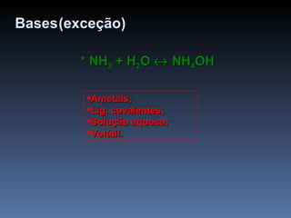 Bases   * NH 3  + H 2 O    NH 4 OH Ametais; Lig. covalentes; Solução aquosa; Volátil. (exceção) 