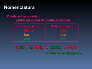 Obedece à expressão: (nome do ânion)  de  (nome do cátion) Nomenclatura   Sufixo do ácido  Sufixo do ânion ídrico   eto ico   ato oso  ito H 2 SO 4  + Ca(OH) 2     +  2   H 2 O  H 2 SO 4  + Ca (OH) 2      CaSO 4   H 2 SO 4  +  Ca (OH) 2      Sulfato de cálcio (gesso) 