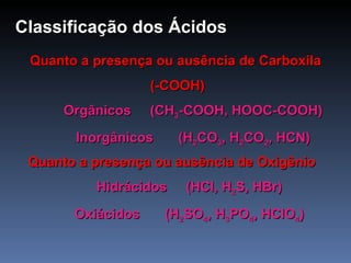 Classificação dos Ácidos Quanto a presença ou ausência de Oxigênio Hidrácidos  (HCl, H 2 S, HBr) Oxiácidos  (H 2 SO 4 , H 3 PO 4 , HClO 4 ) Quanto a presença ou ausência de Carboxila (-COOH) Orgânicos  (CH 3 -COOH, HOOC-COOH) Inorgânicos  (H 2 CO 3 , H 2 CO 2 , HCN) 