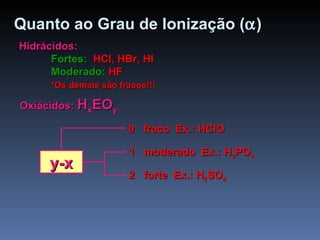 Quanto ao Grau de Ionização (  ) Hidrácidos: Fortes:  HCl, HBr, HI Moderado:  HF *Os demais são fracos!!! Oxiácidos:  H x EO y 0  fraco  Ex.: HClO 1  moderado  Ex.: H 3 PO 4 2  forte  Ex.: H 2 SO 4 y-x 