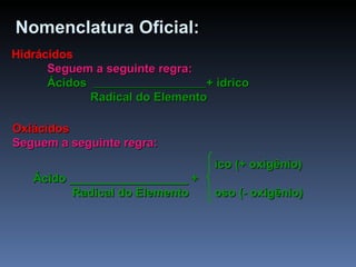 Nomenclatura Oficial: Hidrácidos Seguem a seguinte regra: Ácidos  + ídrico   Radical do Elemento Oxiácidos Seguem a seguinte regra:     ico (+ oxigênio) Ácido __________________ +    Radical do Elemento   oso (- oxigênio) 