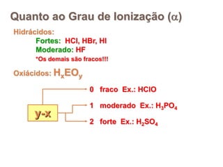 Quanto ao Grau de Ionização (a)
Hidrácidos:
      Fortes: HCl, HBr, HI
      Moderado: HF
      *Os demais são fracos!!!

Oxiácidos: HxEOy

                       0 fraco Ex.: HClO

                       1 moderado Ex.: H3PO4
     y-x
                       2 forte Ex.: H2SO4
 
