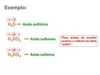 Exemplo:

 +2 - 2

 H2 S        Ácido sulfídrico

 +2 +4 - 6
                                   *Para ácidos do enxofre
 H...