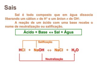 Sais
Sal é todo composto que em água dissocia
liberando um cátion  de H+ e um ânion  de OH-.
A reação de um ácido com uma base recebe o
nome de neutralização ou salificação.
Ácido + Base  Sal + Água
HCl + NaOH  NaCl + H2OHCl + NaOH  NaCl + H2O
Neutralização
Salificação
 