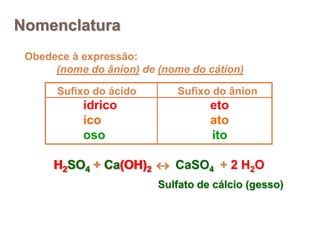 Obedece à expressão:
(nome do ânion) de (nome do cátion)
Nomenclatura
Sufixo do ácido Sufixo do ânion
ídrico eto
ico ato
oso ito
H2SO4 + Ca(OH)2  + 2 H2OH2SO4 + Ca(OH)2  CaSO4H2SO4 + Ca(OH)2 
Sulfato de cálcio (gesso)
 