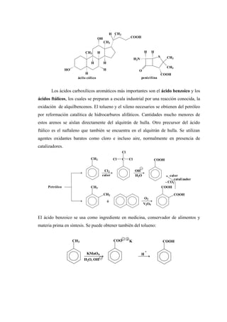 Los ácidos carboxílicos aromáticos más importantes son el ácido benzoico y los
ácidos ftálicos, los cuales se preparan a escala industrial por una reacción conocida, la
oxidación de alquilbencenos. El tolueno y el xileno necesarios se obtienen del petróleo
por reformación catalítica de hidrocarburos alifáticos. Cantidades mucho menores de
estos arenos se aíslan directamente del alquitrán de hulla. Otro precursor del ácido
ftálico es el naftaleno que también se encuentra en el alquitrán de hulla. Se utilizan
agentes oxidantes baratos como cloro e incluso aire, normalmente en presencia de
catalizadores.
El ácido benzoico se usa como ingrediente en medicina, conservador de alimentos y
materia prima en síntesis. Se puede obtener también del tolueno:
H
CH3 H
CH3
HO
H H
H
OH
H
COOH
CH3
ácilo cólico
S
H2N
O
CH3
CH3
H H
COOH
penicilina
Petróleo
CH3
Cl2
calor
C ClCl
Cl
OH
H2O
COOH
CH3
CH3
ó
O2
V2O5
COOH
COOH
- CO2
calor
catalizador
CH3
KMnO4
H2O, OH
COO K
H
+
COOH
 