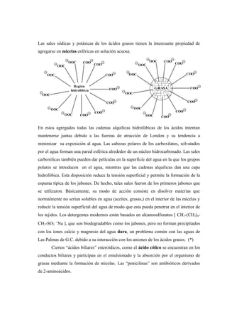 Las sales sódicas y potásicas de los ácidos grasos tienen la interesante propiedad de
agregarse en micelas esféricas en solución acuosa.
En estos agregados todas las cadenas alquílicas hidrofóbicas de los ácidos intentan
mantenerse juntas debido a las fuerzas de atracción de London y su tendencia a
minimizar su exposición al agua. Las cabezas polares de los carboxilatos, solvatados
por el agua forman una pared esférica alrededor de un núcleo hidrocarbonado. Las sales
carboxílicas también pueden dar películas en la superficie del agua en la que los grupos
polares se introducen en el agua, mientras que las cadenas alquílicas dan una capa
hidrofóbica. Esta disposición reduce la tensión superficial y permite la formación de la
espuma típica de los jabones. De hecho, tales sales fueron de los primeros jabones que
se utilizaron. Básicamente, su modo de acción consiste en disolver materias que
normalmente no serían solubles en agua (aceites, grasas,) en el interior de las micelas y
reducir la tensión superficial del agua de modo que esta pueda penetrar en el interior de
los tejidos. Los detergentes modernos están basados en alcanosulfonatos [ CH3-(CH2)n-
CH2-SO3
- +
Na ], que son biodegradables como los jabones, pero no forman precipitados
con los iones calcio y magnesio del agua dura, un problema común con las aguas de
Las Palmas de G.C. debido a su interacción con los aniones de los ácidos grasos. (*)
Ciertos “ácidos biliares” esteroídicos, como el ácido cólico se encuentran en los
conductos biliares y participan en el emulsionado y la absorción por el organismo de
grasas mediante la formación de micelas. Las “penicilinas” son antibióticos derivados
de 2-aminoácidos.
OOC
OOC COO
Región
hidrofóbica
COO
COO
COO
COO
COOOOC
OOC
OOC
OOC
COO
OOC
OOC COO
COO
COO
COO
COOOOC
OOC
OOC
COO
OOC
GRASA
COO
 