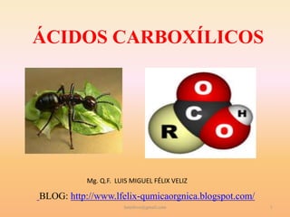 ÁCIDOS CARBOXÍLICOS




           Mg. Q.F. LUIS MIGUEL FÉLIX VELIZ

BLOG: http://www.lfelix-qumicaorgnica.blogspot.com/
                      lumifeve@gmail.com              1
 